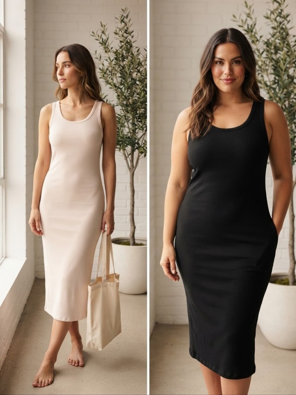 2 Frank and Oak Sleeveless Tank Midi Dress in Black and Cream